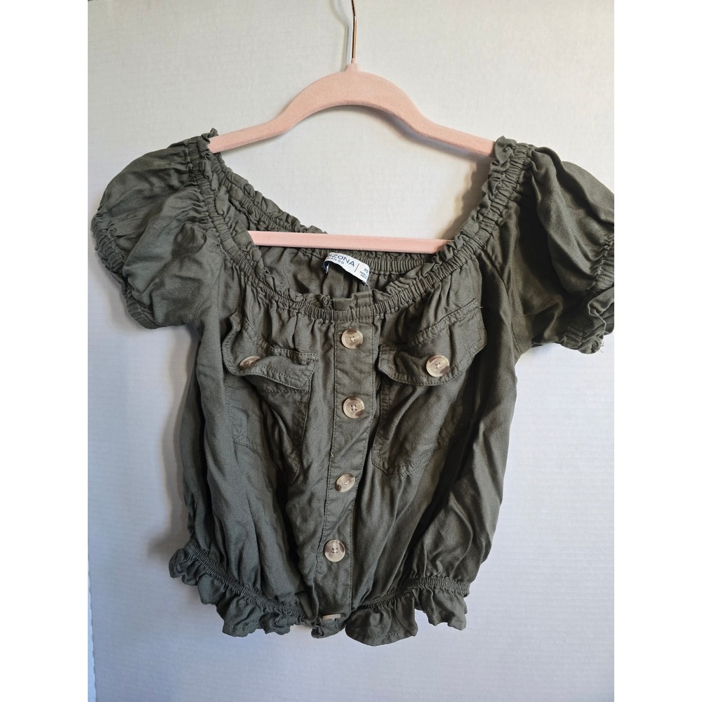 Arizona Jean Co Womens XS Olive Green Off Shoulder Button Front Crop Top Blouse